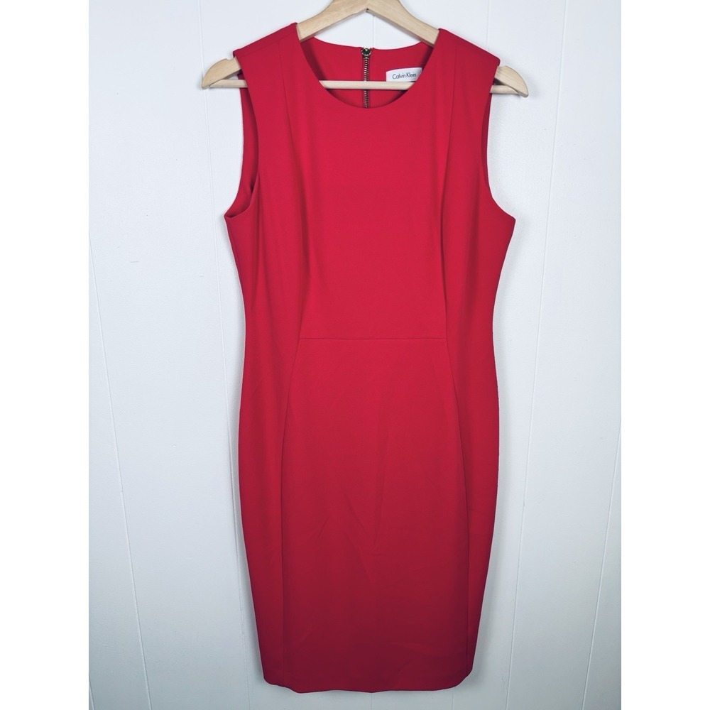 Calvin Klein Sz 10 Hot Pink Stretch Sleeveless Sheath Dress Exposed Zipper Back